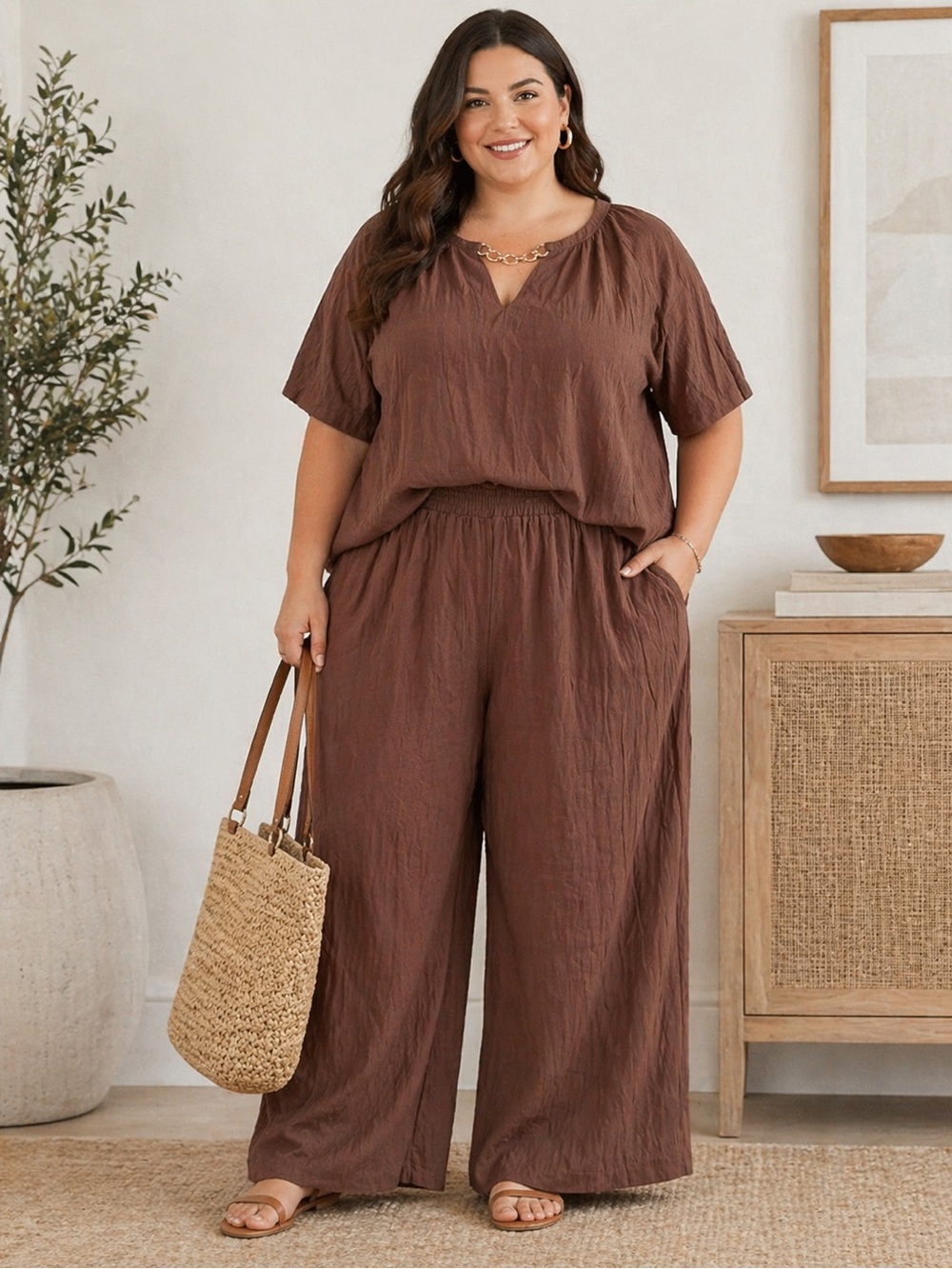 Plus-Size Wide-Leg Set in Chocolate Brown